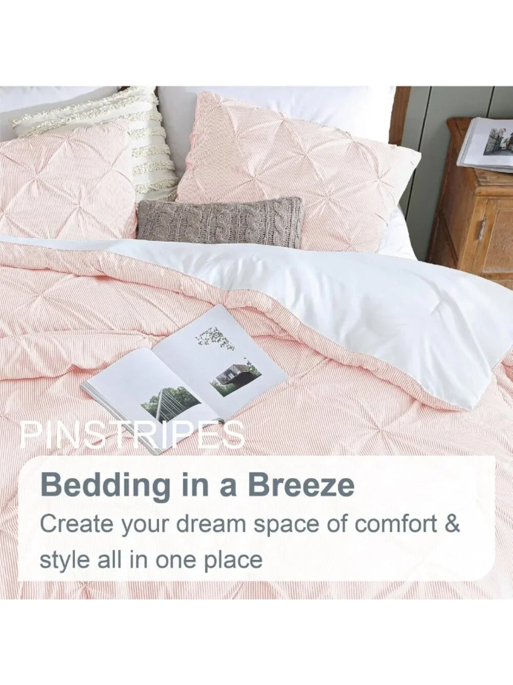 Pinstripe Peach Pink Comforter Set - Classic Pintuck 3-Piece Bedding Set